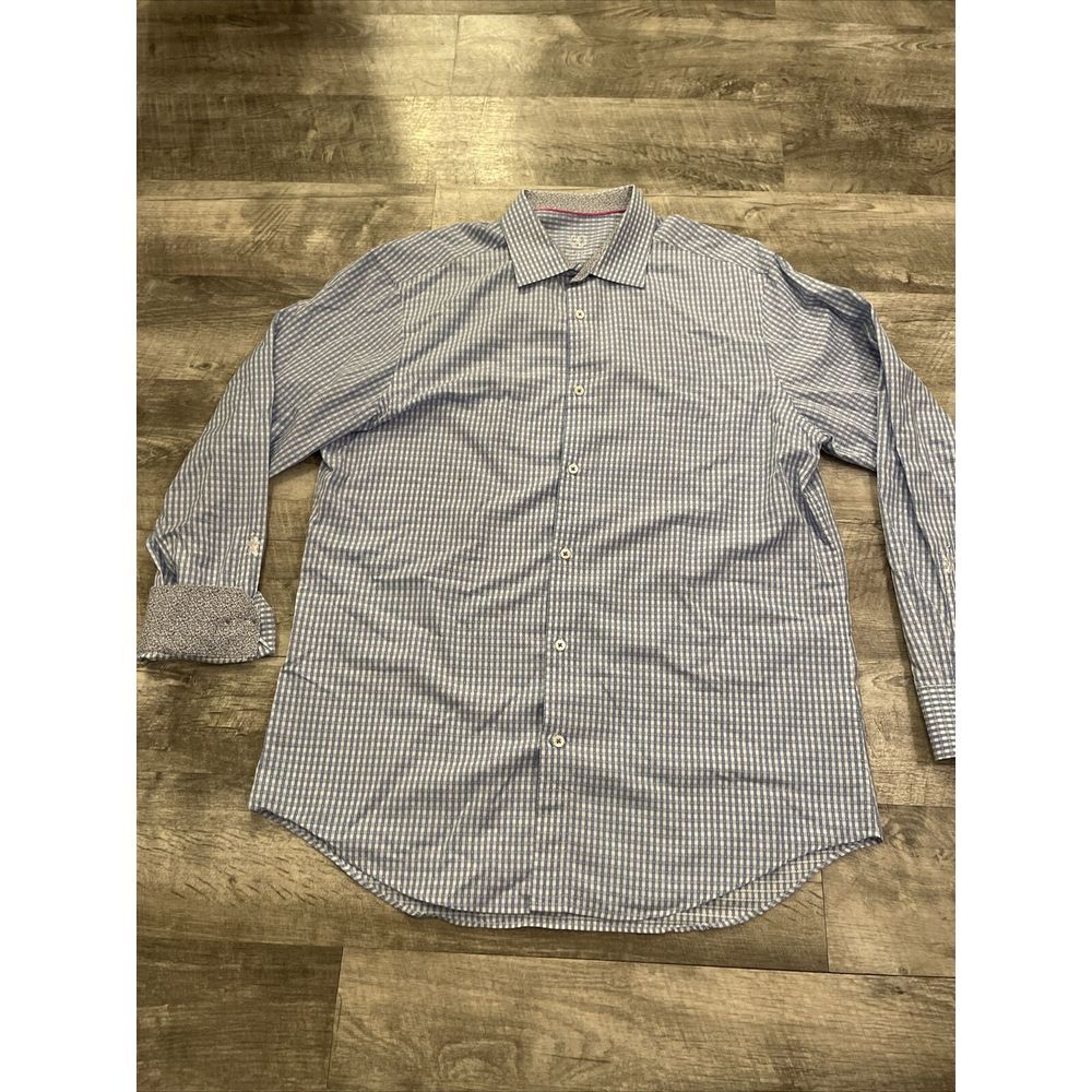 Bugatchi Uomo‎ Dress Shirt Men's Size 17.5 34 Flip Cuff Long Sleeve Blue Lion